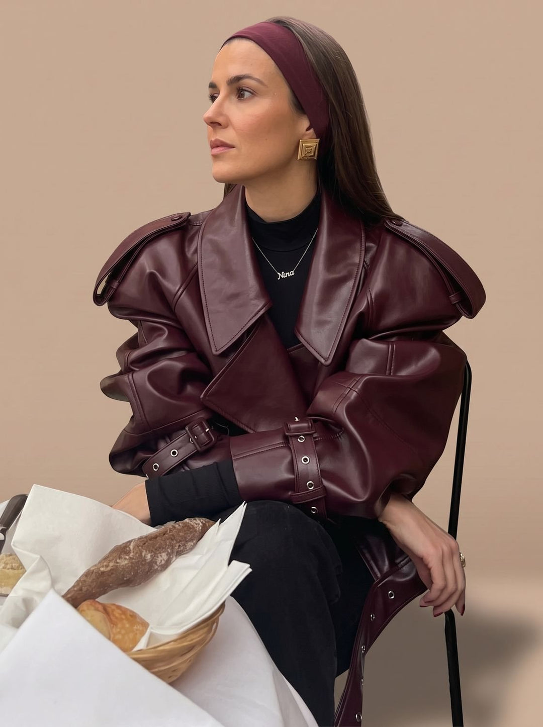Women's Oversized Faux Leather Belted Lapel Jacket - Burgundy