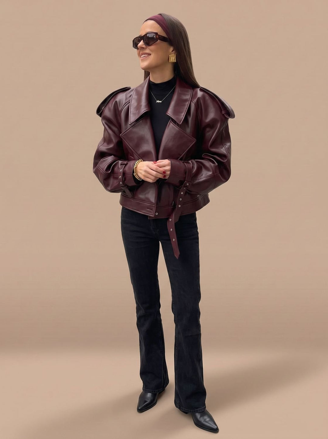 Women's Oversized Faux Leather Belted Lapel Jacket