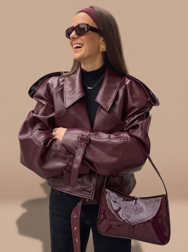 Women's Oversized Faux Leather Belted Lapel Jacket