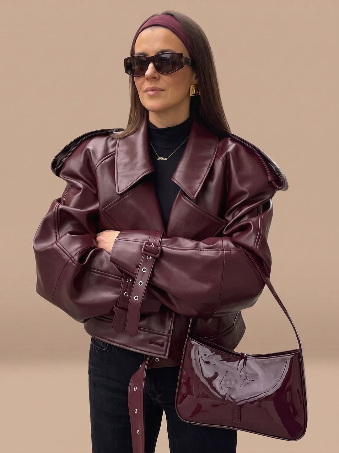 Women's Oversized Faux Leather Belted Lapel Jacket