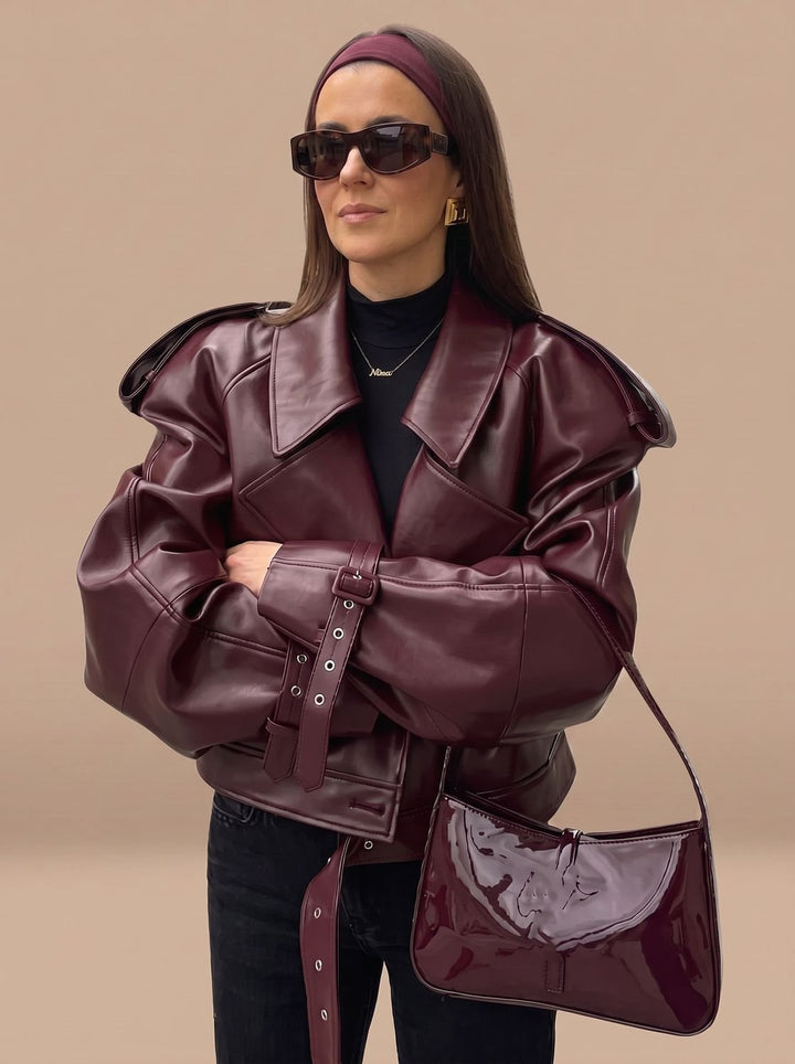 Women's Oversized Faux Leather Belted Lapel Jacket