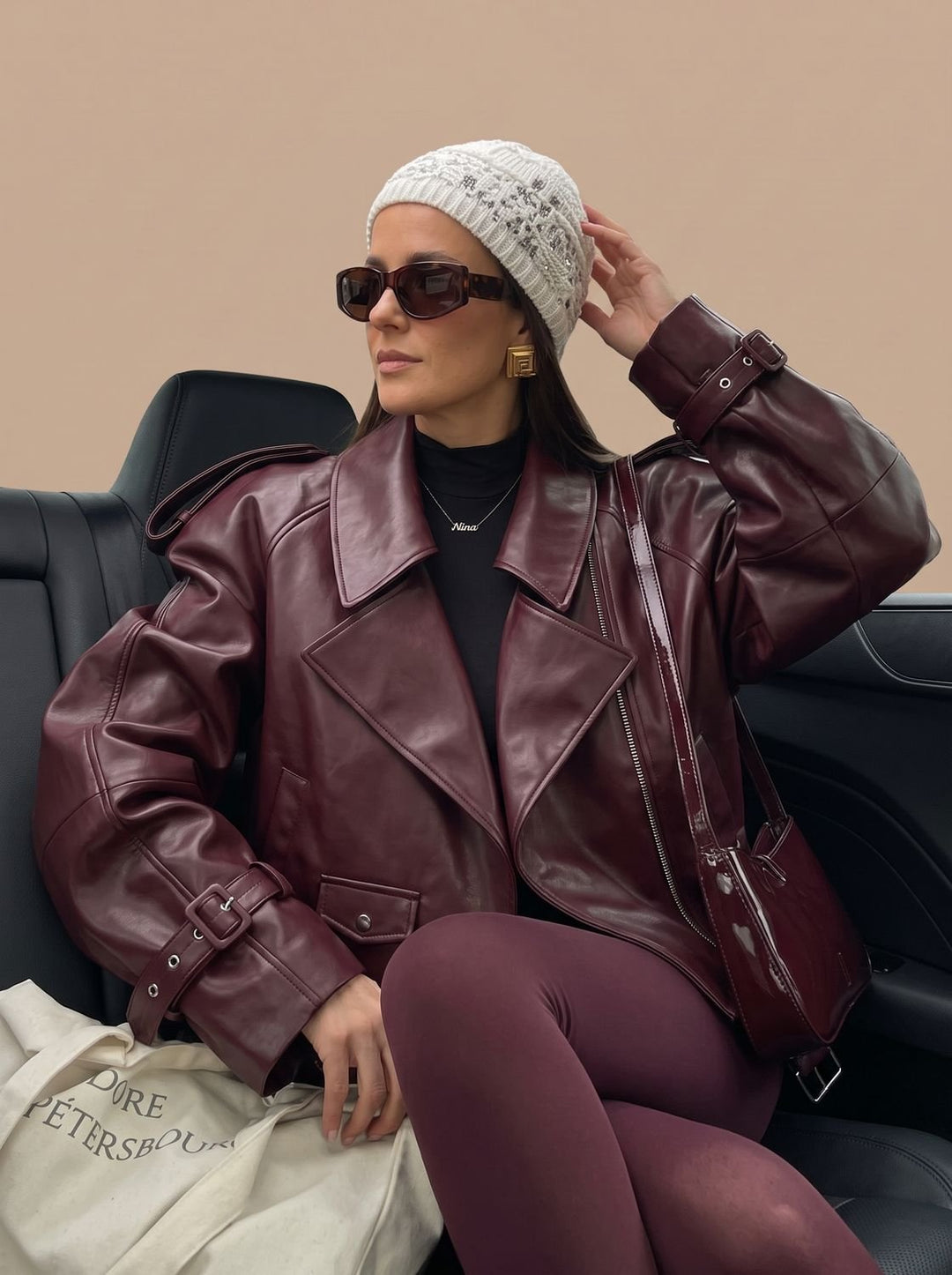 Women's Oversized Faux Leather Belted Lapel Jacket