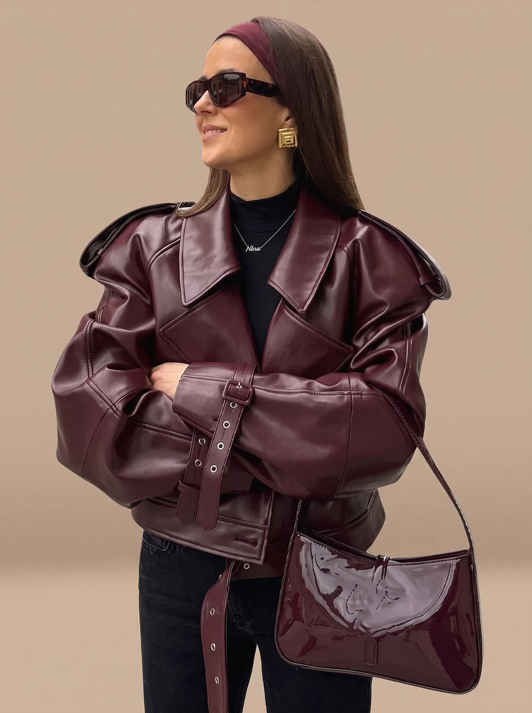 Women's Oversized Faux Leather Belted Lapel Jacket