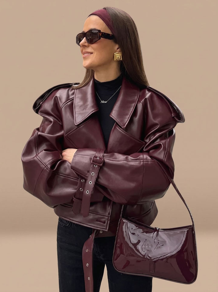Women's Oversized Faux Leather Belted Lapel Jacket