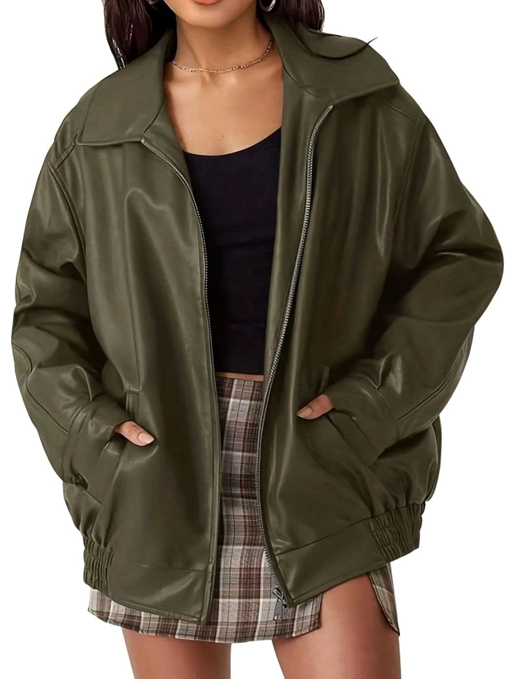 Women's Oversized Faux Leather Zip-Up Bomber Jacket - Army Green