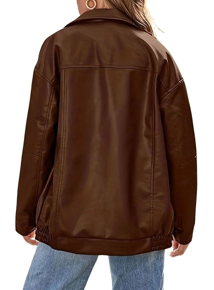 Women's Oversized Faux Leather Zip-Up Bomber Jacket