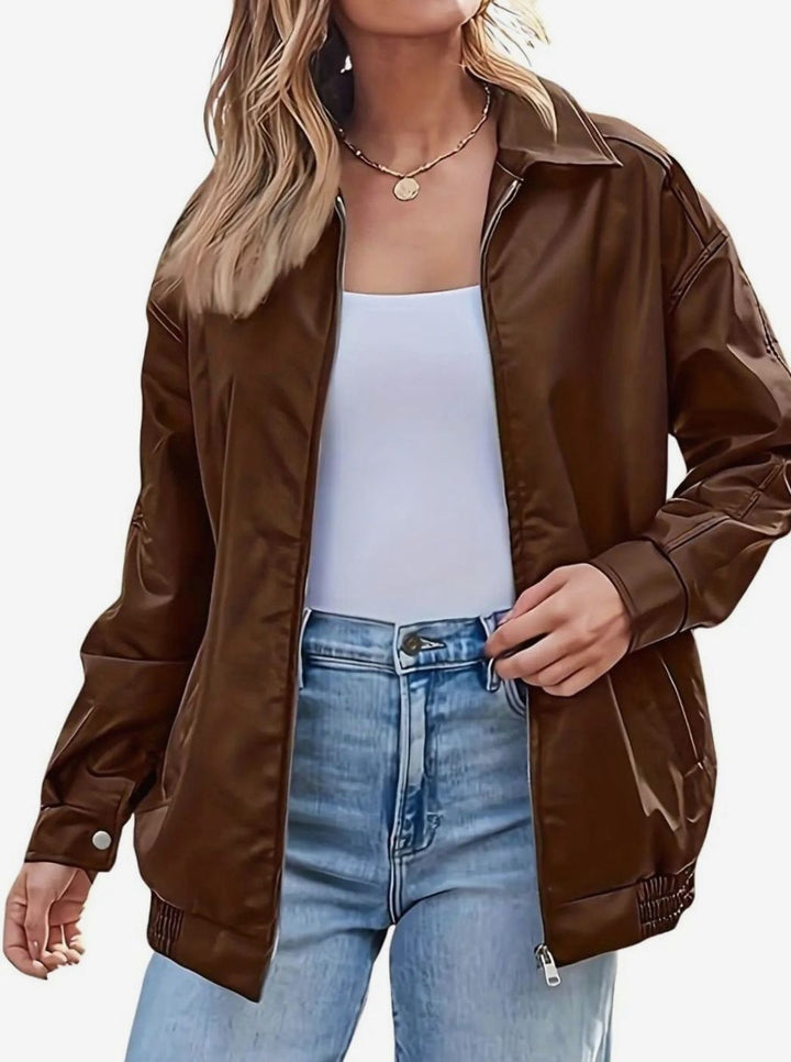 Women's Oversized Faux Leather Zip-Up Bomber Jacket