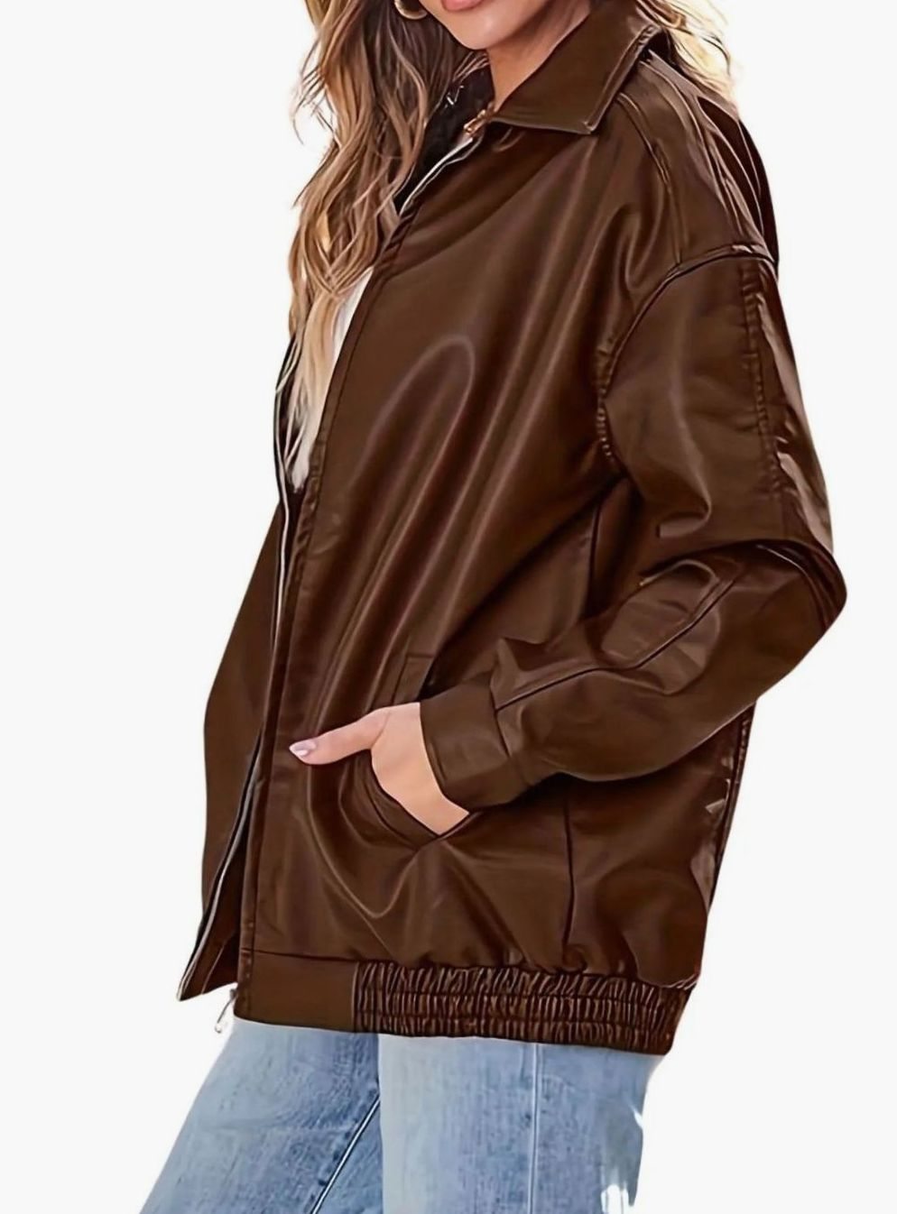 Women's Oversized Faux Leather Zip-Up Bomber Jacket