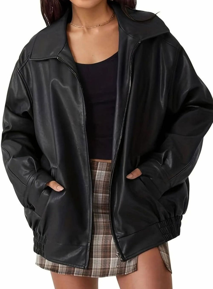 Women's Oversized Faux Leather Zip-Up Bomber Jacket