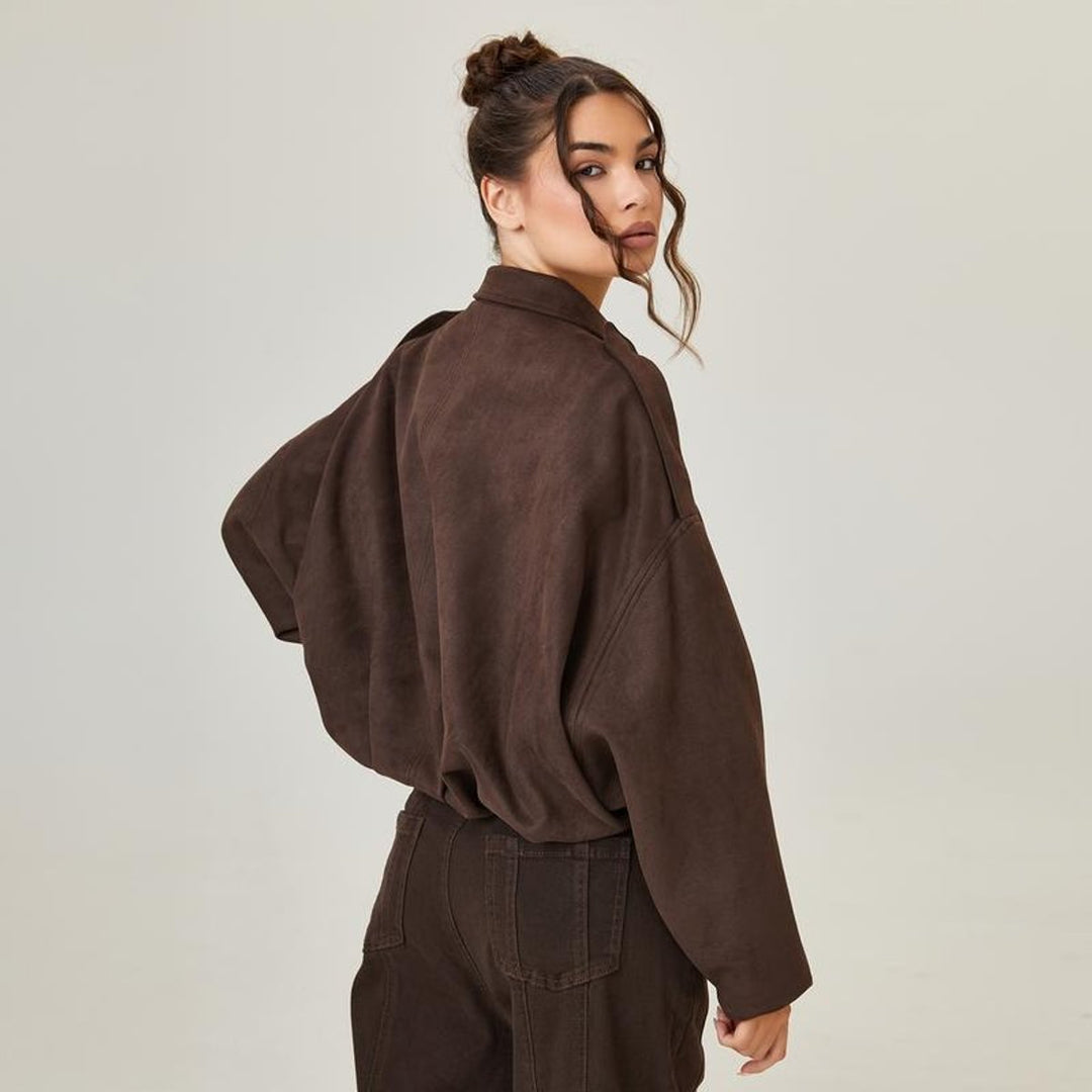 Women's Oversized Faux Suede Vintage-Inspired Bomber Jacket