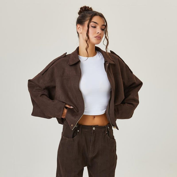 Women's Oversized Faux Suede Vintage-Inspired Bomber Jacket - Brown