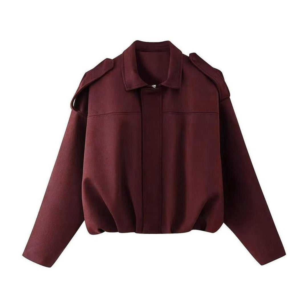 Women's Oversized Faux Suede Vintage-Inspired Bomber Jacket - Burgundy
