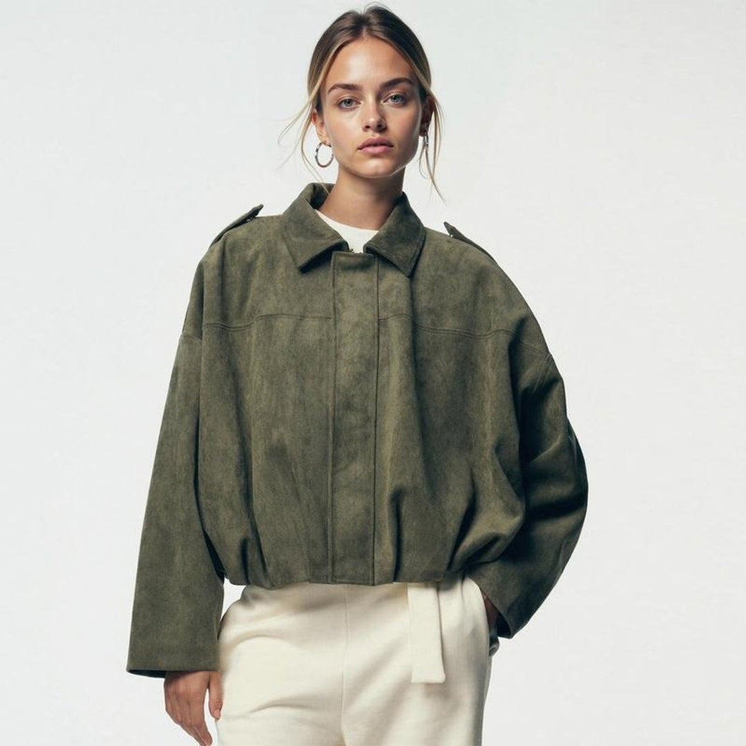 Women's Oversized Faux Suede Vintage-Inspired Bomber Jacket - Olive