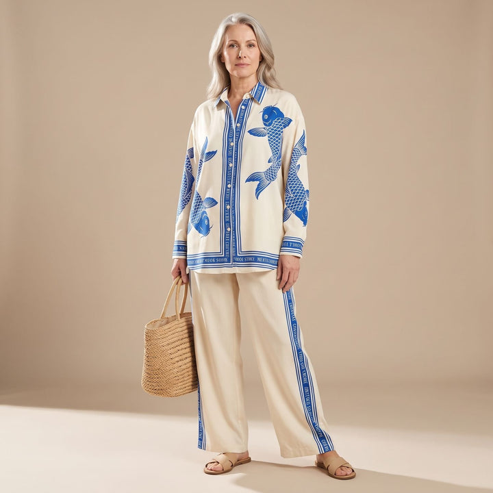 Women's Oversized Fish Print Two Piece Set Long Sleeve Shirt Wide Leg Pants - Dark Blue