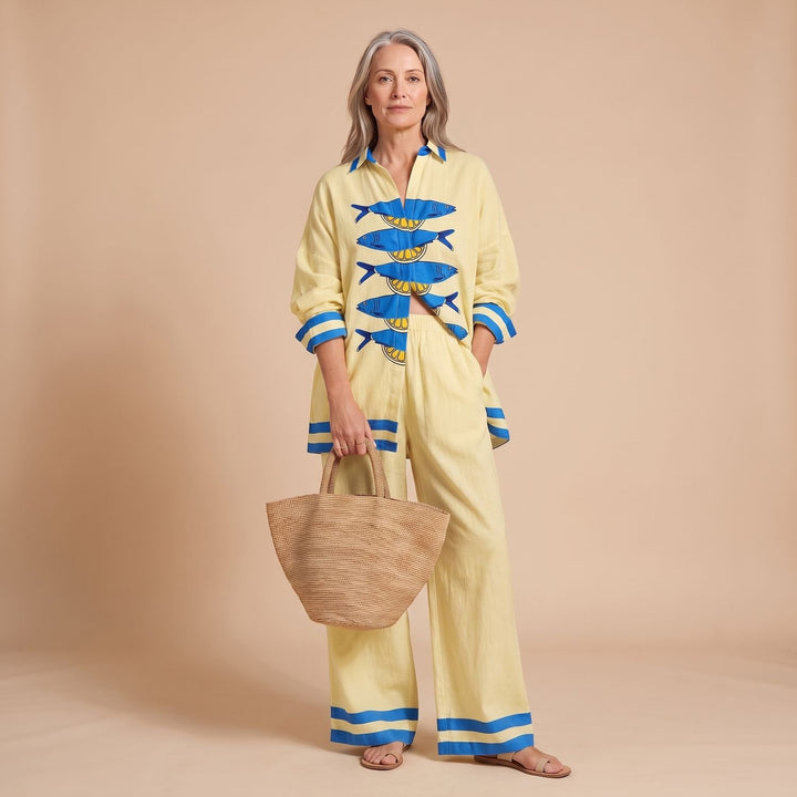 Women's Oversized Fish Print Two Piece Set Long Sleeve Shirt Wide Leg Pants - Beige