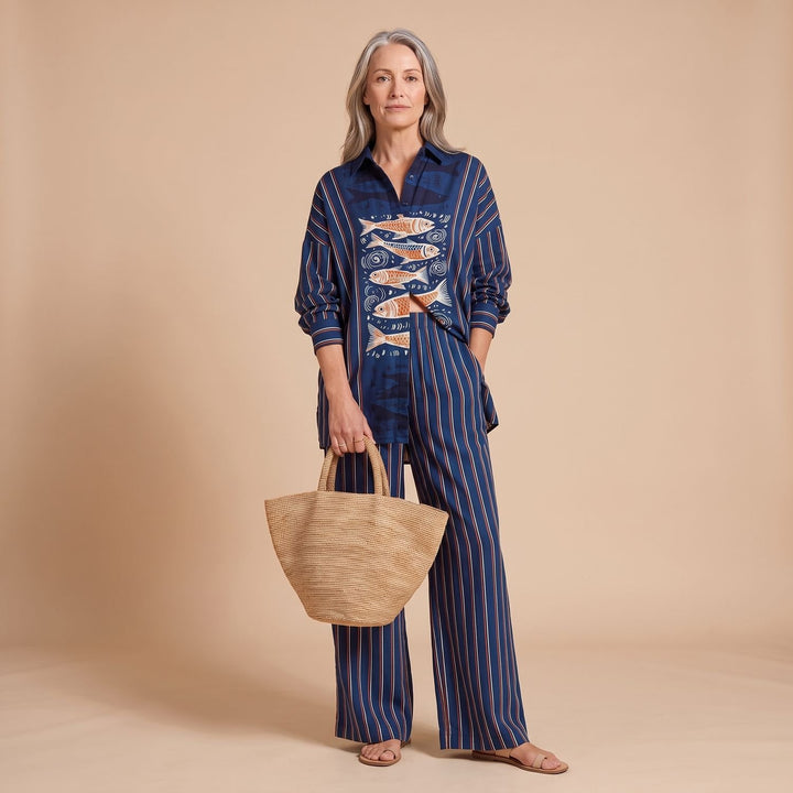 Women's Oversized Fish Print Two Piece Set Long Sleeve Shirt Wide Leg Pants - Navy Blue