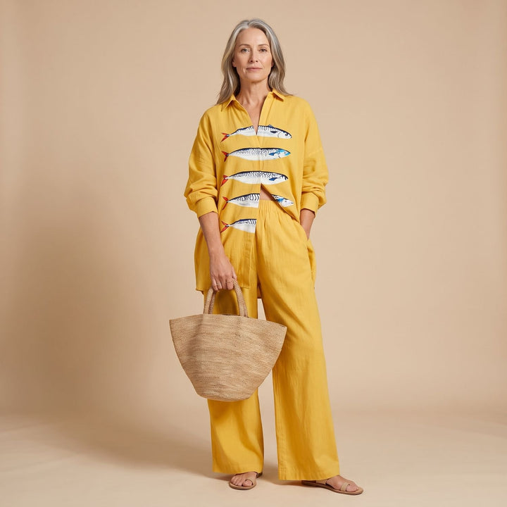 Women's Oversized Fish Print Two Piece Set Long Sleeve Shirt Wide Leg Pants - Yellow