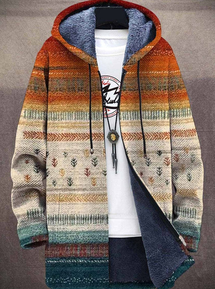 Women's Oversized Fleece-Lined Abstract Print Hooded Cardigan - Multicolor
