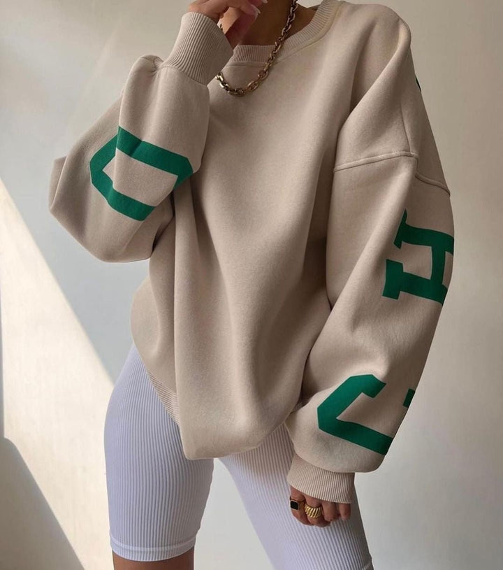 Women's Oversized Fleece-Lined Varsity Sleeve Crewneck Sweatshirt - Khaki