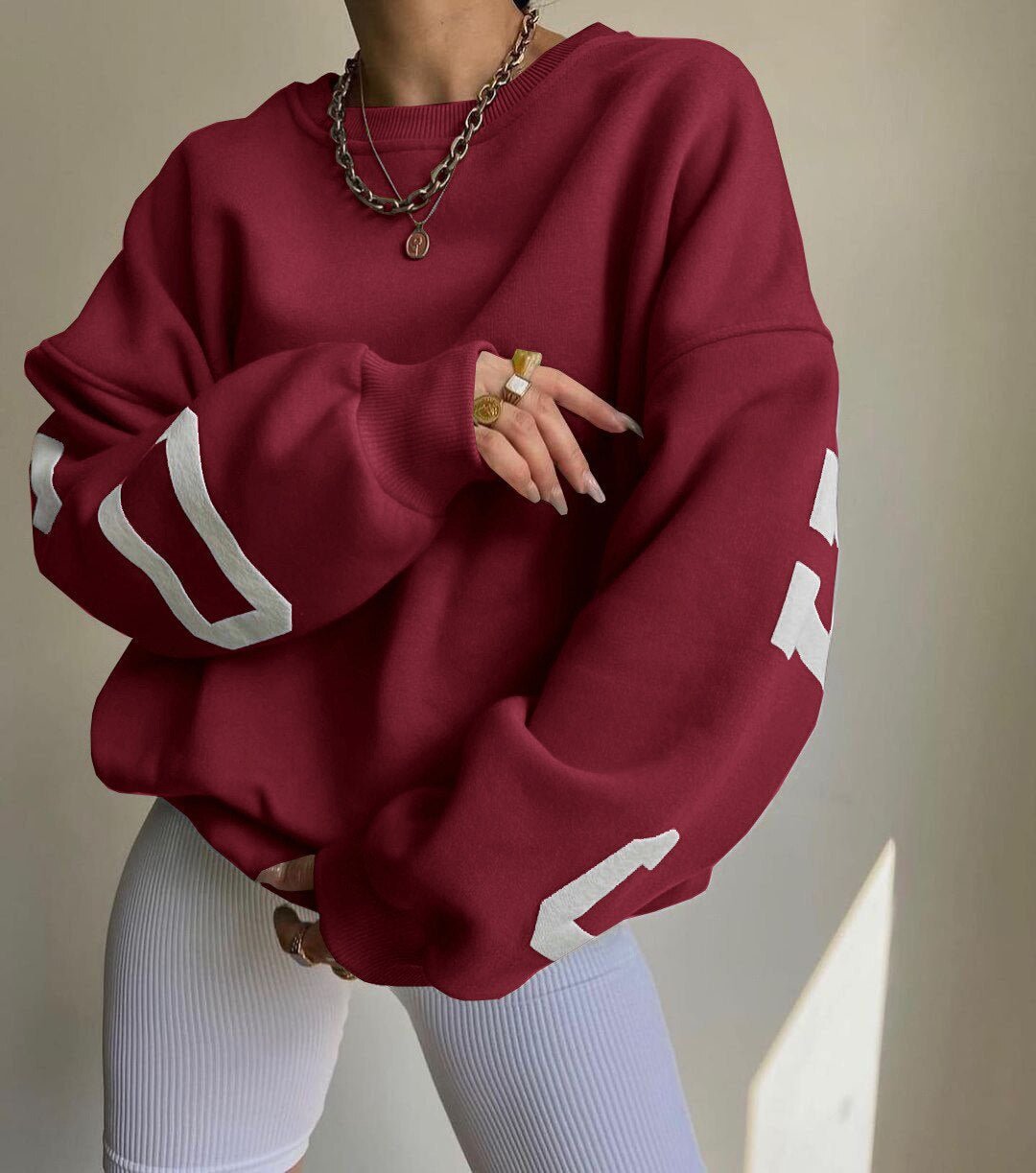 Women's Oversized Fleece-Lined Varsity Sleeve Crewneck Sweatshirt - Burgundy