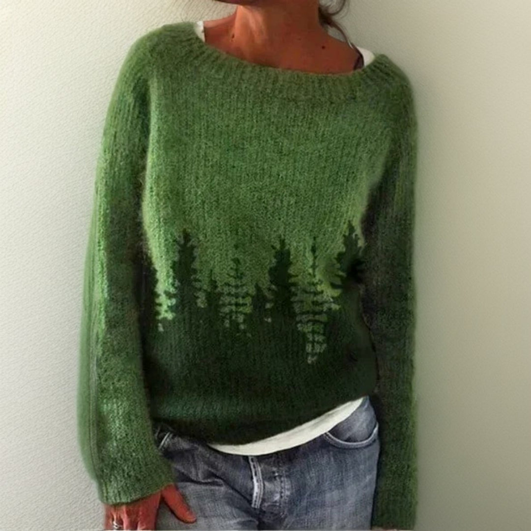 Women's Oversized Forest Print Knit Sweater Relaxed Fit