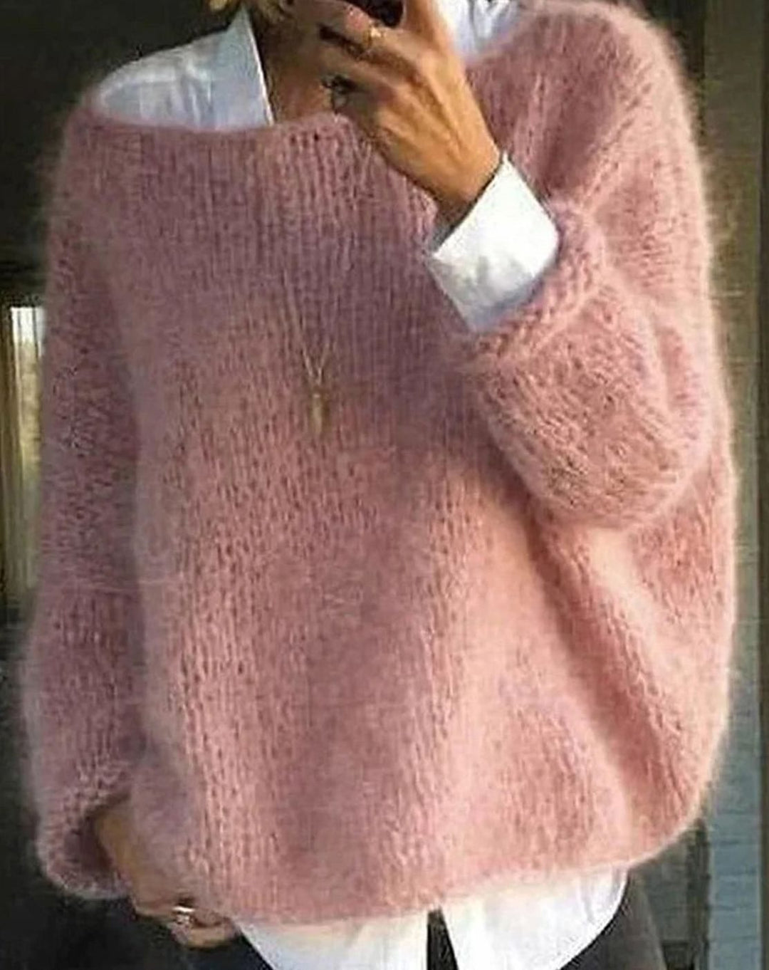 Women's Oversized Fuzzy Knit Sweater Long Sleeve Pullover - Pink