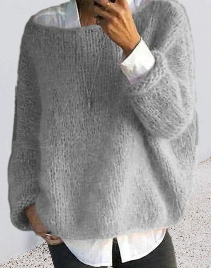 Women's Oversized Fuzzy Knit Sweater Long Sleeve Pullover - Grey