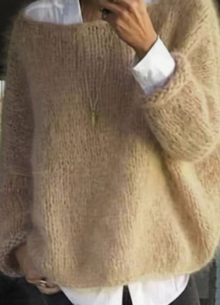 Women's Oversized Fuzzy Knit Sweater Long Sleeve Pullover - Khaki