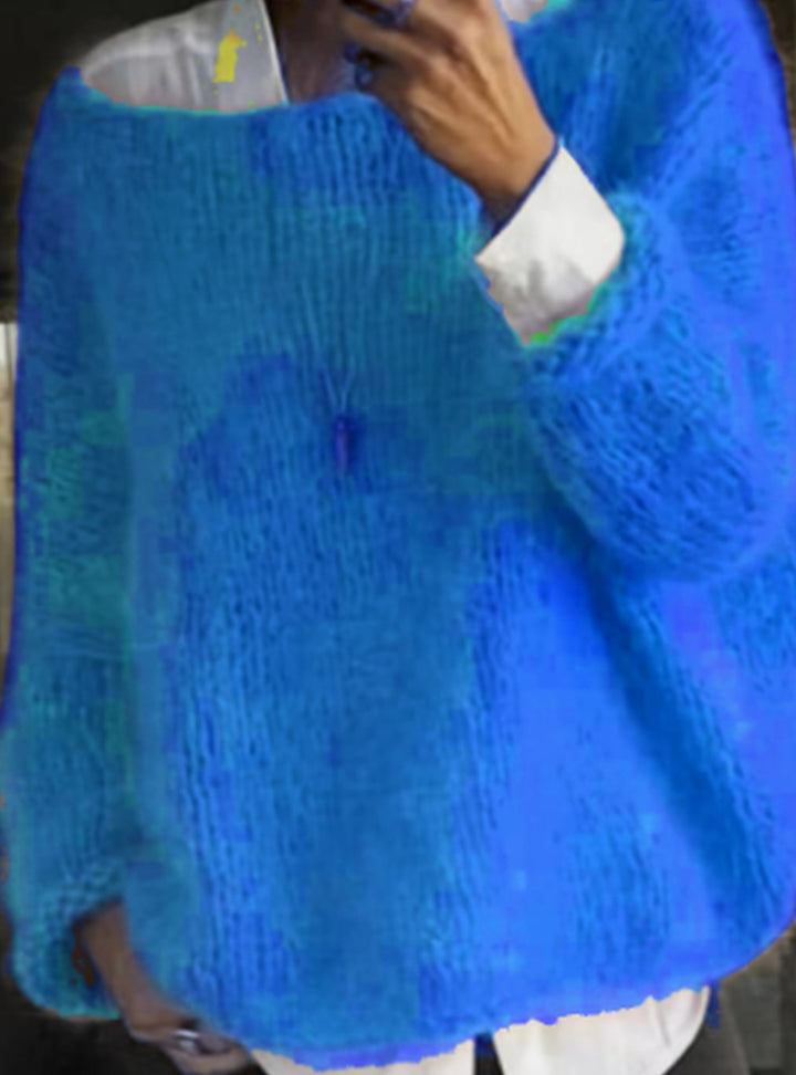 Women's Oversized Fuzzy Knit Sweater Long Sleeve Pullover - Blue