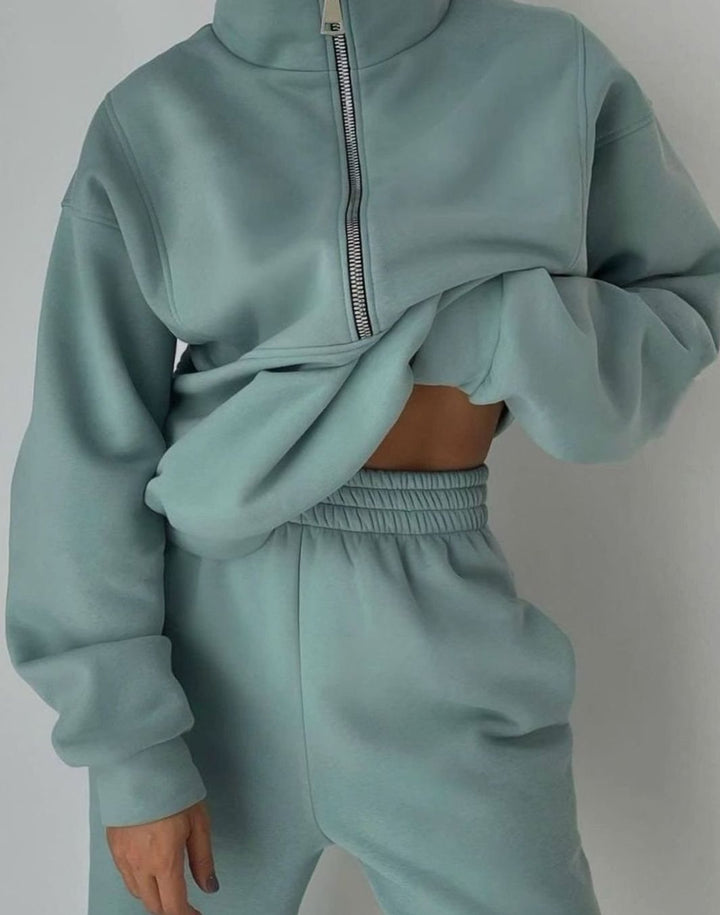 Women's Oversized Half-Zip Cropped Pullover Two-Piece Set