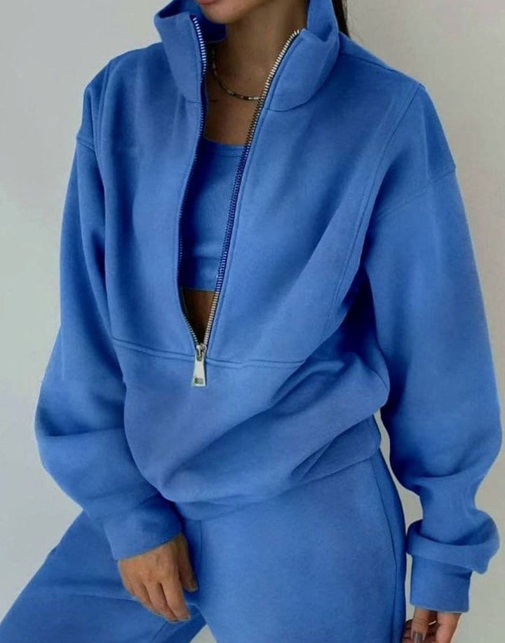 Women's Oversized Half-Zip Cropped Pullover Two-Piece Set - Blue