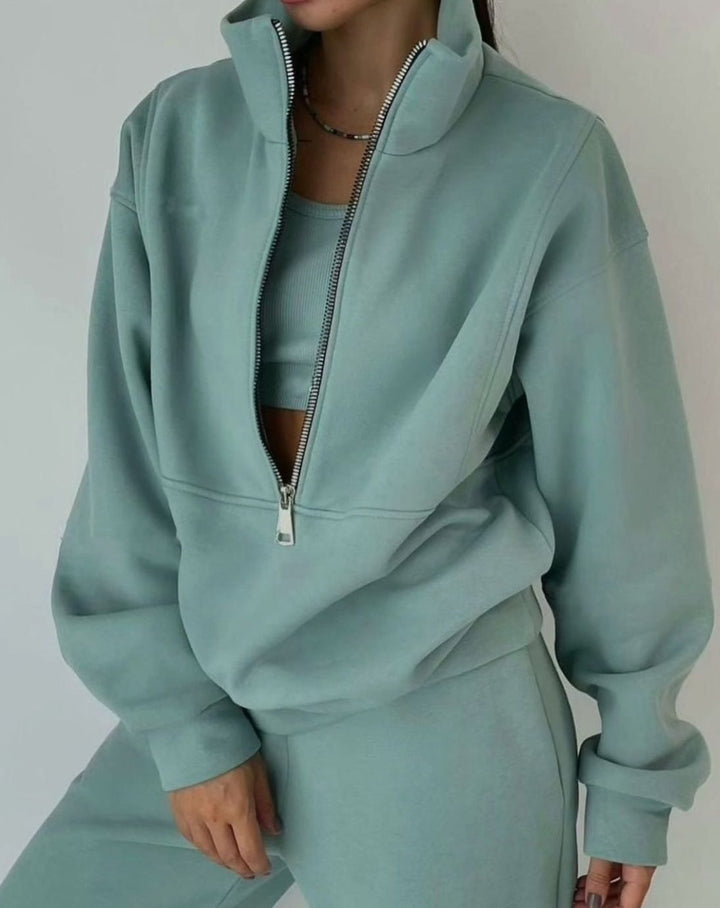 Women's Oversized Half-Zip Cropped Pullover Two-Piece Set - Green