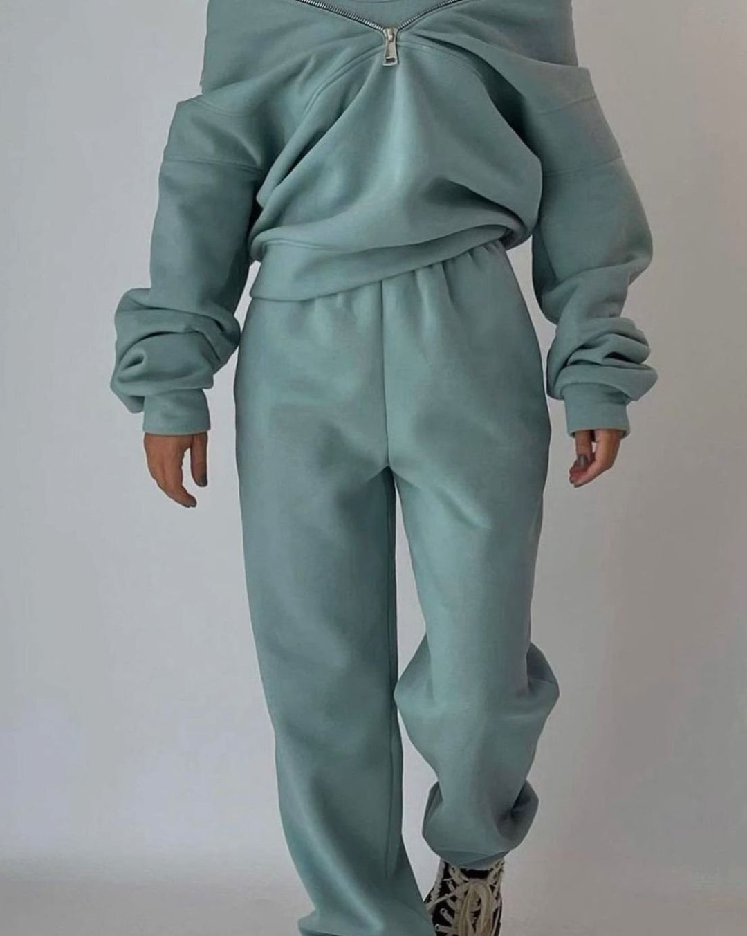 Women's Oversized Half-Zip Cropped Pullover Two-Piece Set