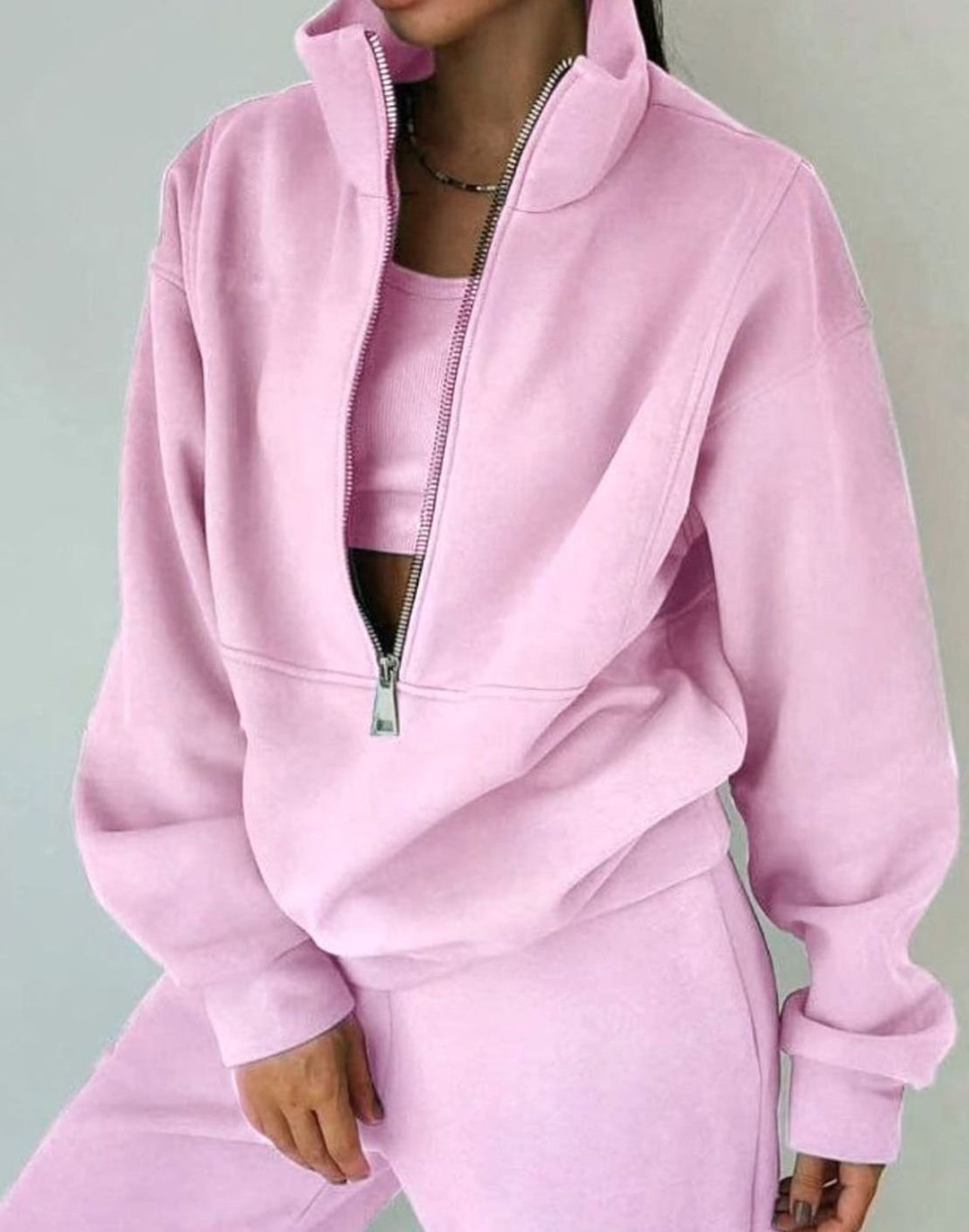 Women's Oversized Half-Zip Cropped Pullover Two-Piece Set - Pink