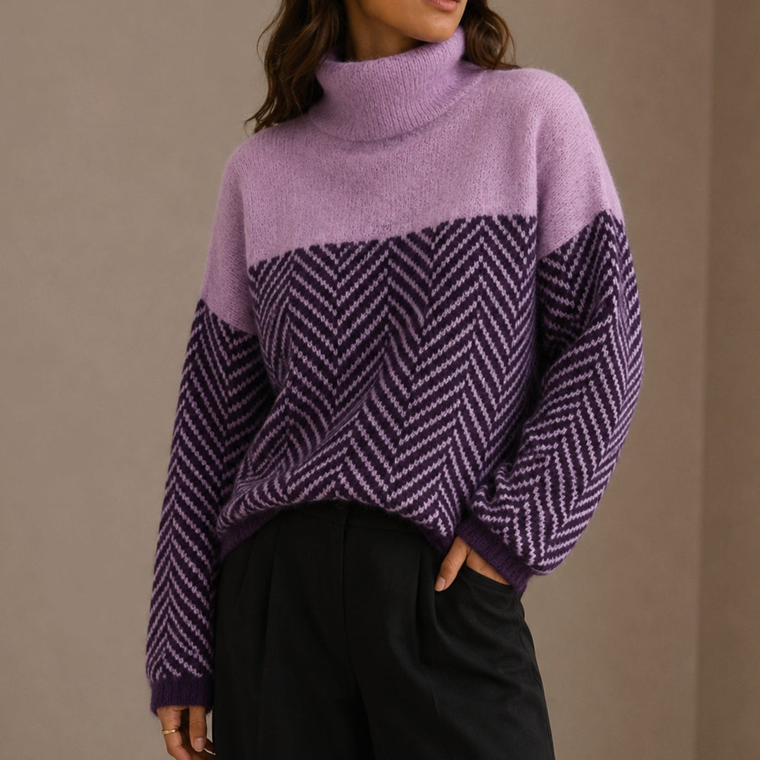 Women's Oversized Herringbone Turtleneck Sweater Long Sleeve Knit - Purple
