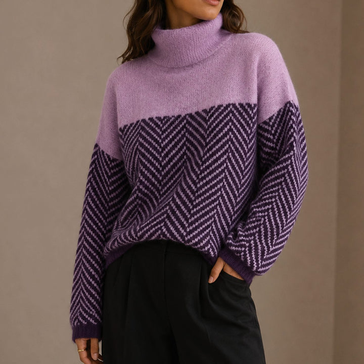 Women's Oversized Herringbone Turtleneck Sweater Long Sleeve Knit - Purple