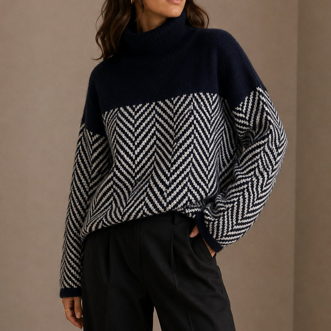 Women's Oversized Herringbone Turtleneck Sweater Long Sleeve Knit - Navy