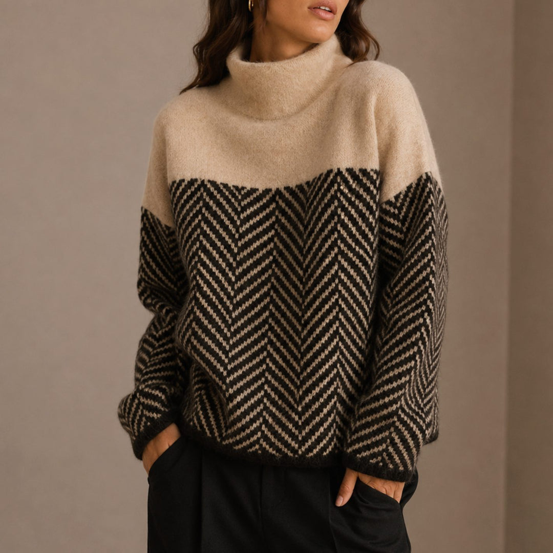 Women's Oversized Herringbone Turtleneck Sweater Long Sleeve Knit - Beige