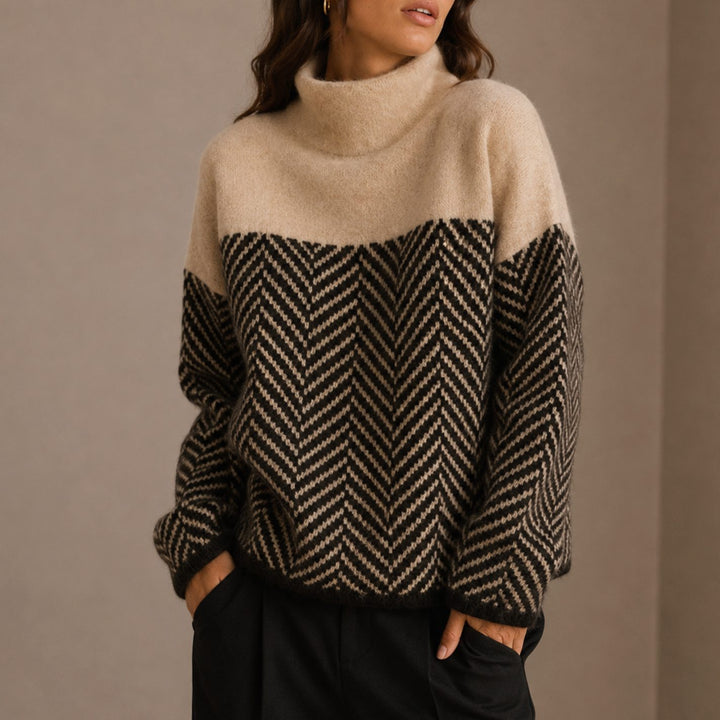 Women's Oversized Herringbone Turtleneck Sweater Long Sleeve Knit - Beige