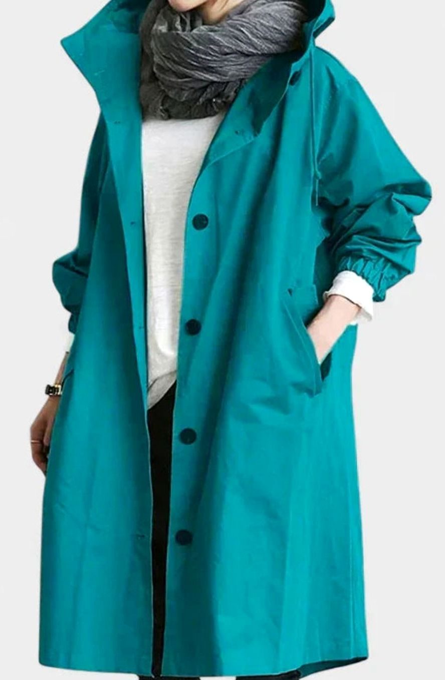 Women's Oversized Hooded Button-Front Trench Coat - Light Blue