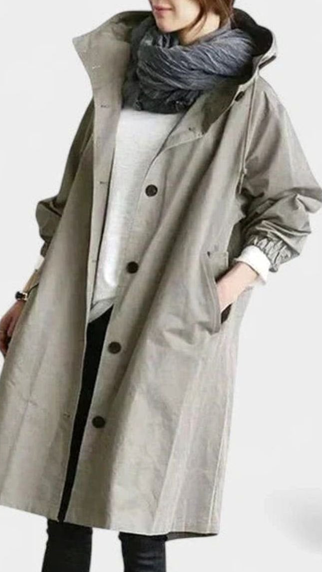 Women's Oversized Hooded Button-Front Trench Coat - Light Gray