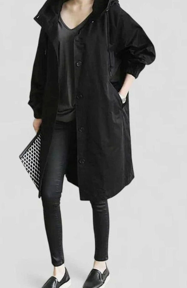 Women's Oversized Hooded Button-Front Trench Coat - Black