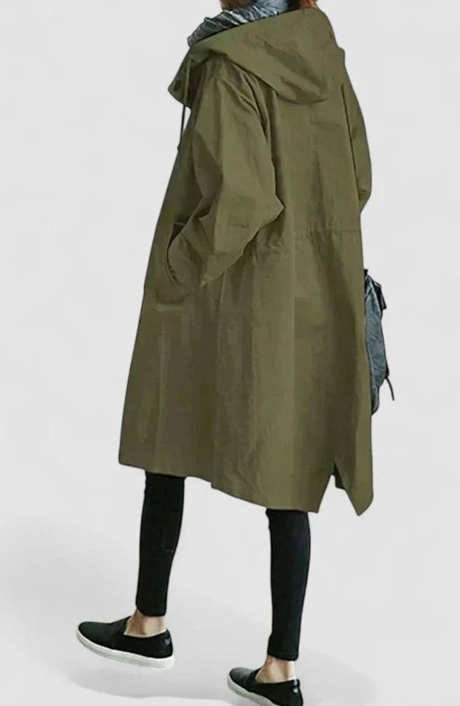 Women's Oversized Hooded Button-Front Trench Coat - Army Green