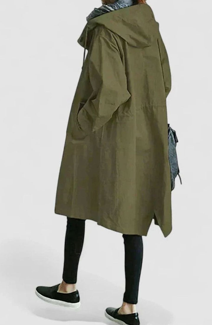 Women's Oversized Hooded Button-Front Trench Coat - Army Green