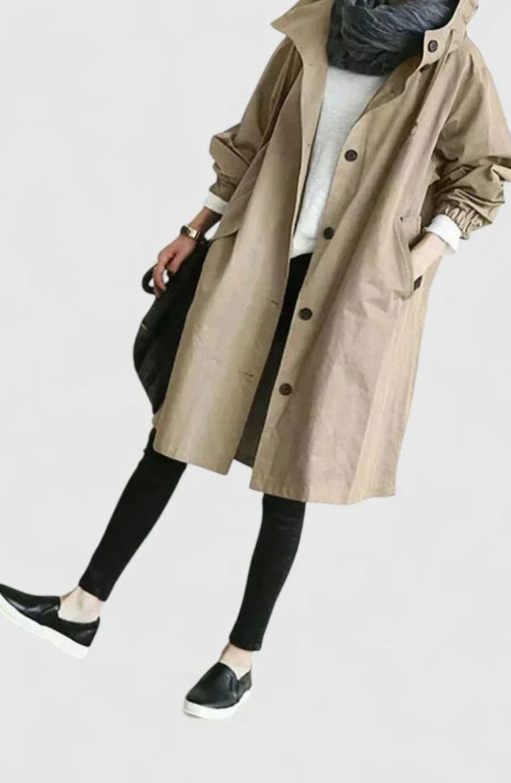 Women's Oversized Hooded Button-Front Trench Coat - Beige