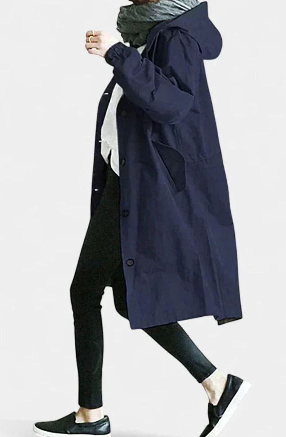 Women's Oversized Hooded Button-Front Trench Coat - Navy Blue