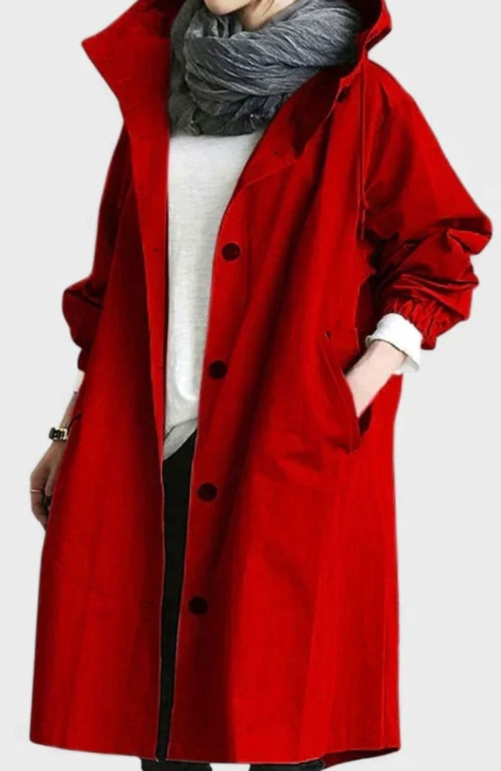 Women's Oversized Hooded Button-Front Trench Coat - Red