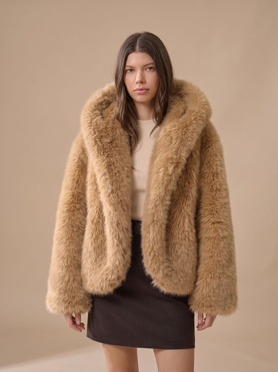 Women's Oversized Hooded Faux Fur Coat Long Sleeve Winter, Camel - Brown