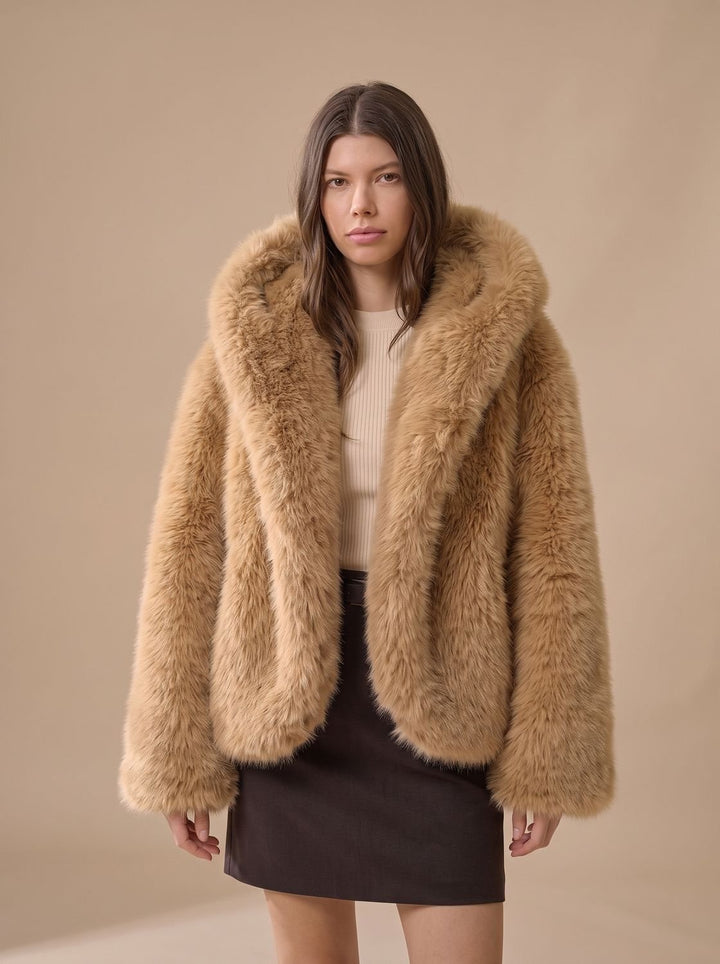 Women's Oversized Hooded Faux Fur Coat Long Sleeve Winter, Camel - Brown
