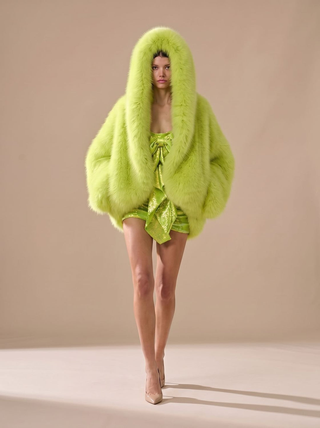 Women's Oversized Hooded Faux Fur Coat Long Sleeve Winter, Camel - Green